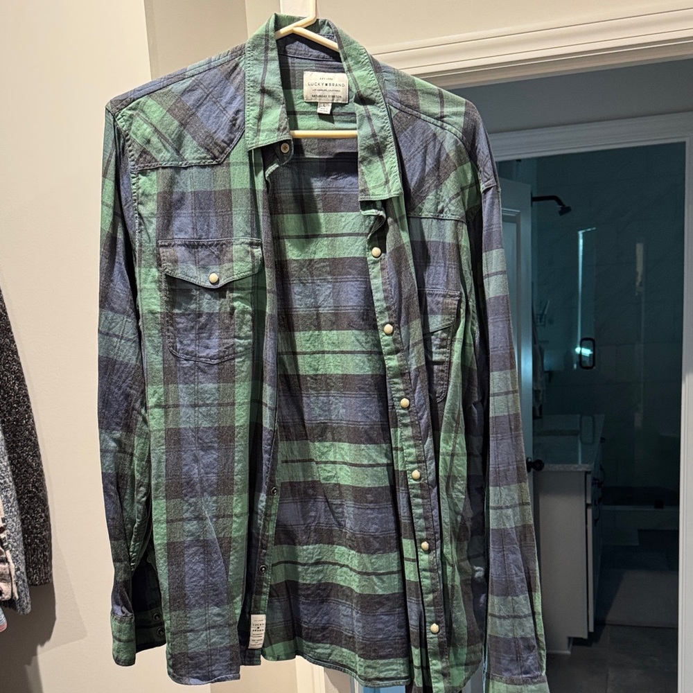 Lucky Brand Men's Casual Plaid Shirt - Green and Blue